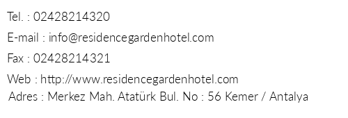 Residence Garden Hotel telefon numaralar, faks, e-mail, posta adresi ve iletiim bilgileri